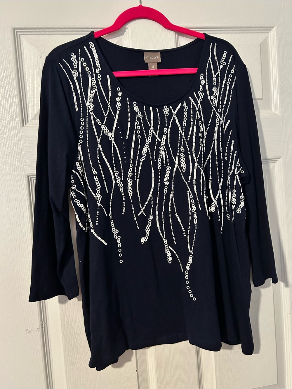 Chico's Black Long-Sleeve Scoop Neck Top with Silver Sequin Streams